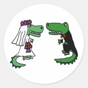 Funny Alligator Bride and Groom Cartoon Classic Round Sticker