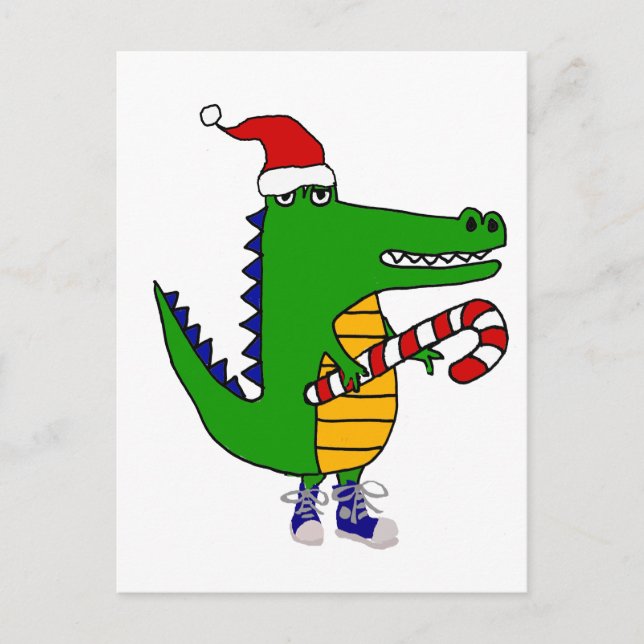 Funny Alligator in Santa hat Christmas Art Postcard (Front)