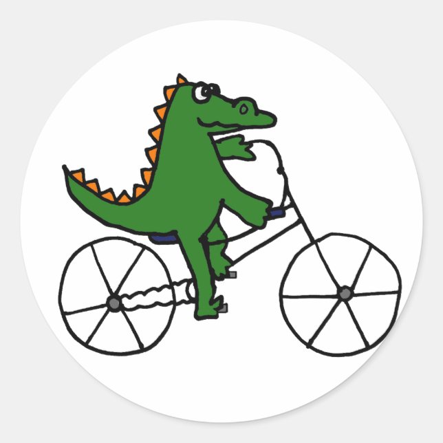 Funny Alligator Riding Bicycle Cartoon Classic Round Sticker (Front)
