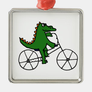 Funny Alligator Riding Bicycle Cartoon Metal Ornament