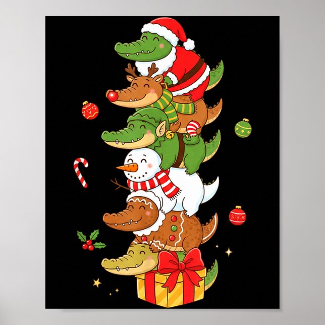 Funny Alligator Santa Elf Snowman Christmas Womens Poster (Front)