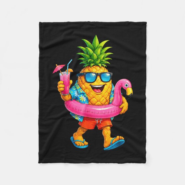 Funny aloha hawaiian pineapple pink flamingo float fleece blanket (Front)