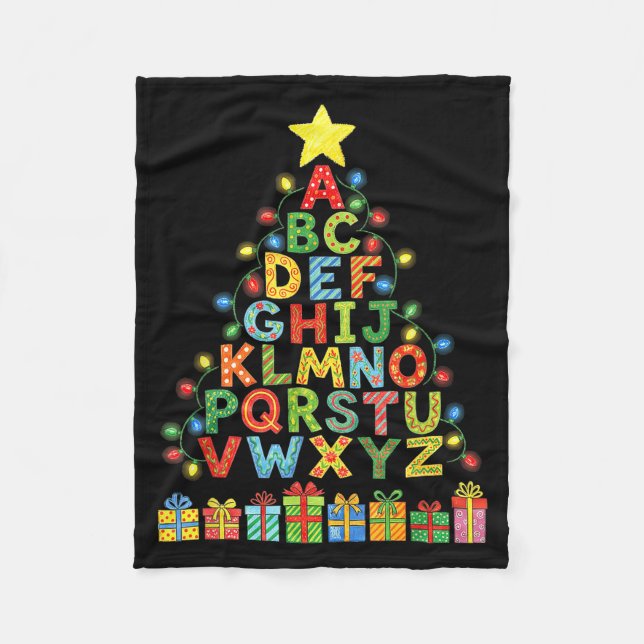 Funny Alphabet Christmas Tree Graphic Abc A-z Teac Fleece Blanket (Front)