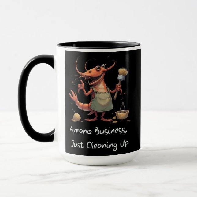 Funny Amano Shrimp Cleaning Cartoon with Mop  Mug (Left)