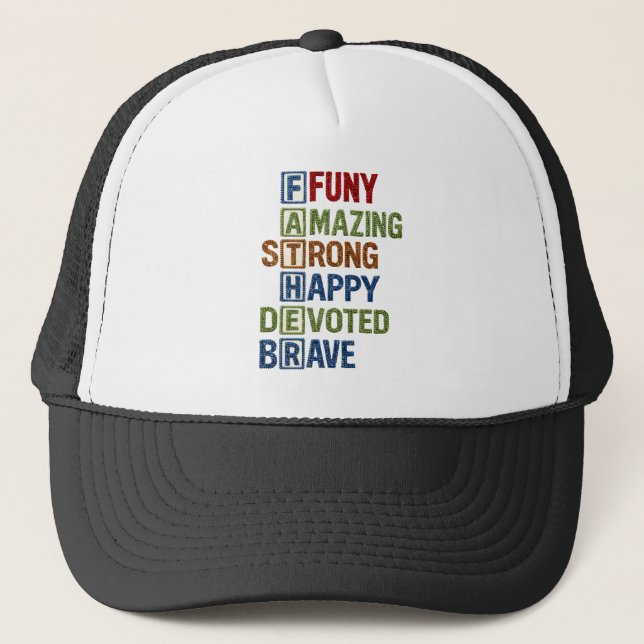 Funny Amazing Strong Happy Devoted Brave Positive  Trucker Hat (Front)