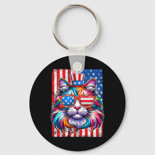 Funny American Cat Sunglasses Usa Flag 4th Of July Keychain