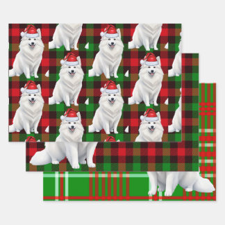 Funny American Eskimo Christmas Dog Red Plaid Wrapping Paper Sheet