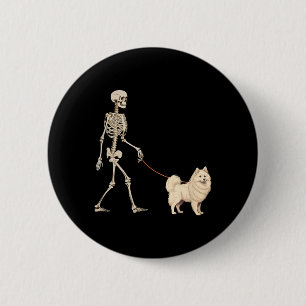 Funny American Eskimo Skeleton Dog Walking 2 Inch Round Button