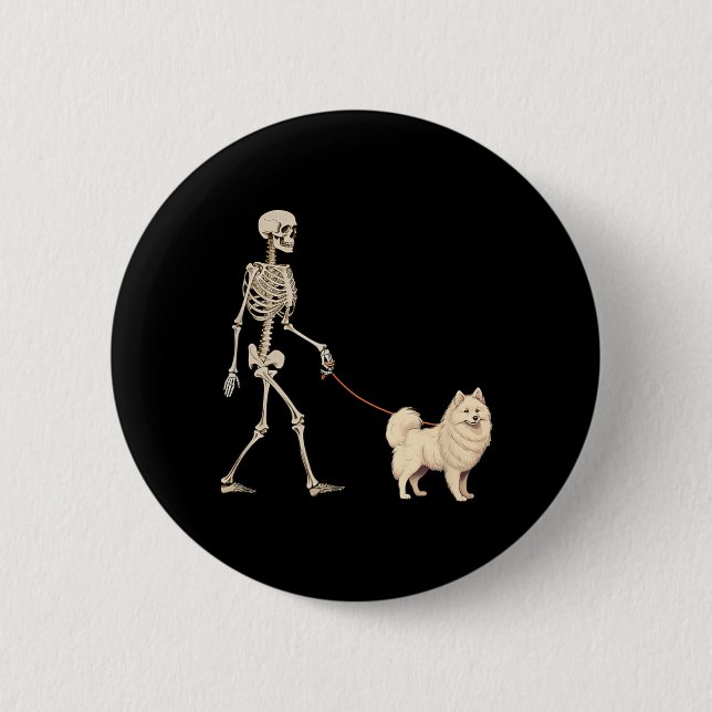 Funny American Eskimo Skeleton Dog Walking 2 Inch Round Button (Front)