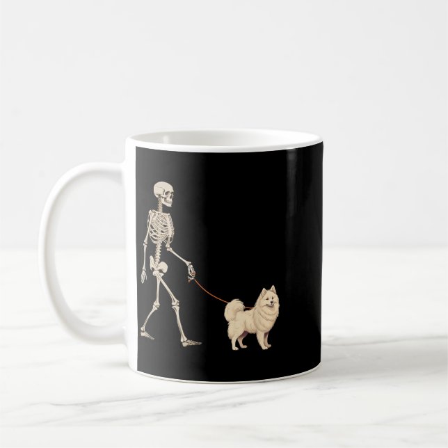 Funny American Eskimo Skeleton Dog Walking Coffee Mug (Left)