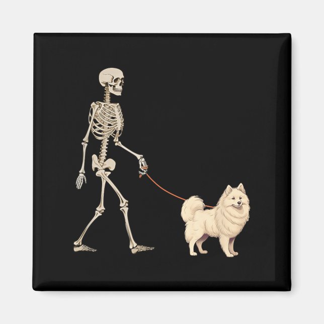 Funny American Eskimo Skeleton Dog Walking Magnet (Front)