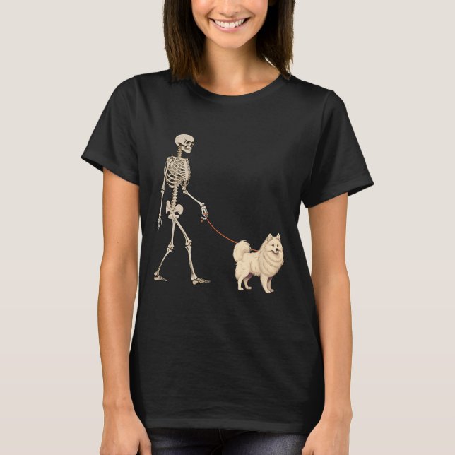 Funny American Eskimo Skeleton Dog Walking T-Shirt (Front)