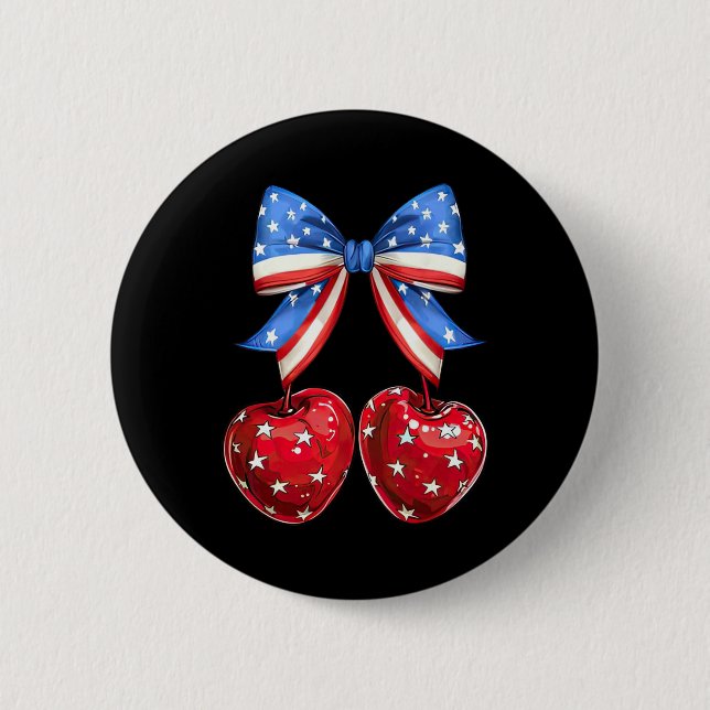 Funny American Flag Cherry Coquette Bow 4th Of Jul 2 Inch Round Button (Front)