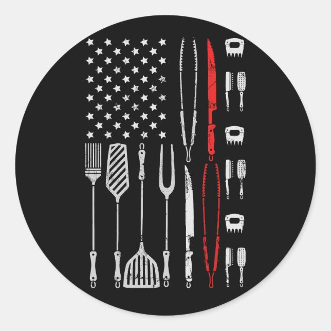 Funny American Flag Grilling Tools BBQ Grill Barbe Classic Round Sticker (Front)