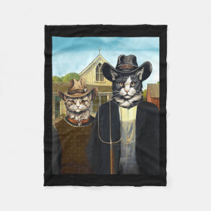 Funny American Gothic Cats Farmers Cowboy Cat Barn Fleece Blanket