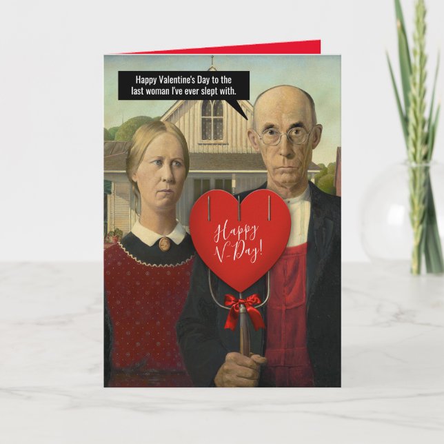 Funny American Gothic Valentine to The Last Woman Holiday Card (Front)