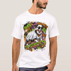Funny American Shepherd Ghost Skateboard Halloween T-Shirt
