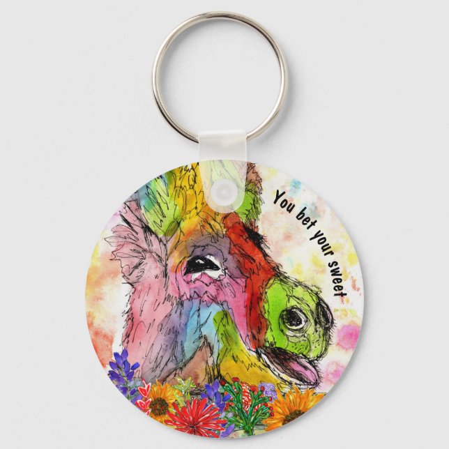Funny and Colourful Watercolor Donkey Keychain (Front)