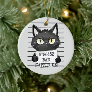 Funny and Cute Black Cat Mugshot Ceramic Ornament