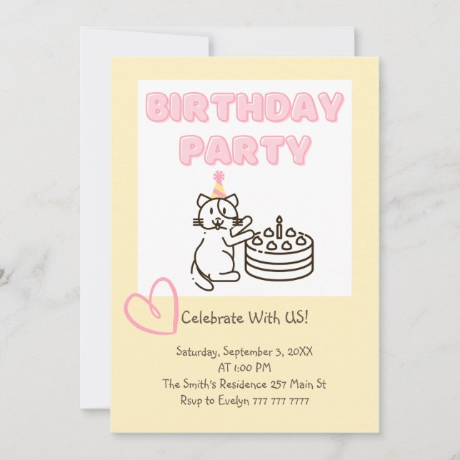 Funny and Cute Cat&Cake Birthday Invitation  (Front)