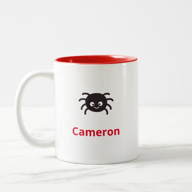 Funny and Cute Personalized Spider with Name Two-Tone Coffee Mug (Left)