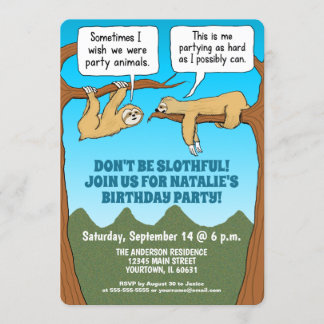 Funny and Cute Sloths Birthday Party Invitation