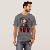 Funny and scary clown, screaming ''Run''