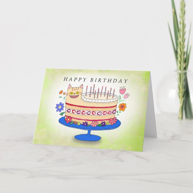Funny and Strange Cat Birthday Cake Custom Text Card (Front)