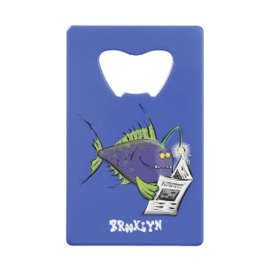 Funny angler fish cartoon credit card bottle opener