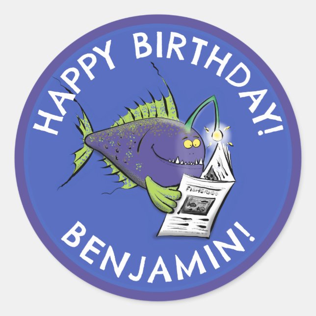 Funny angler fish cartoon personalized birthday classic round sticker (Front)