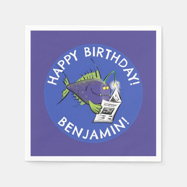 Funny angler fish cartoon personalized birthday napkin (Front)