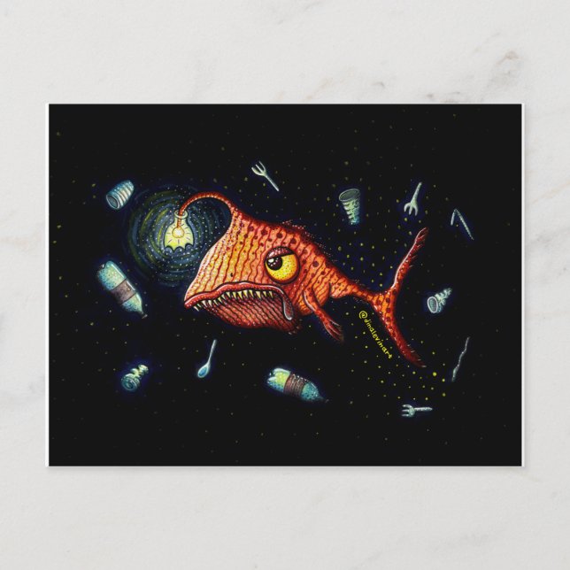 Funny Anglerfish Angry With Plastic Pollution Postcard (Front)