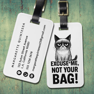 Funny Angry Cat Humor Black and White Cute Kitten Luggage Tag