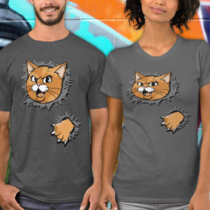 Funny Angry Cat Paw Torn Fabric illusion Cartoon T-Shirt