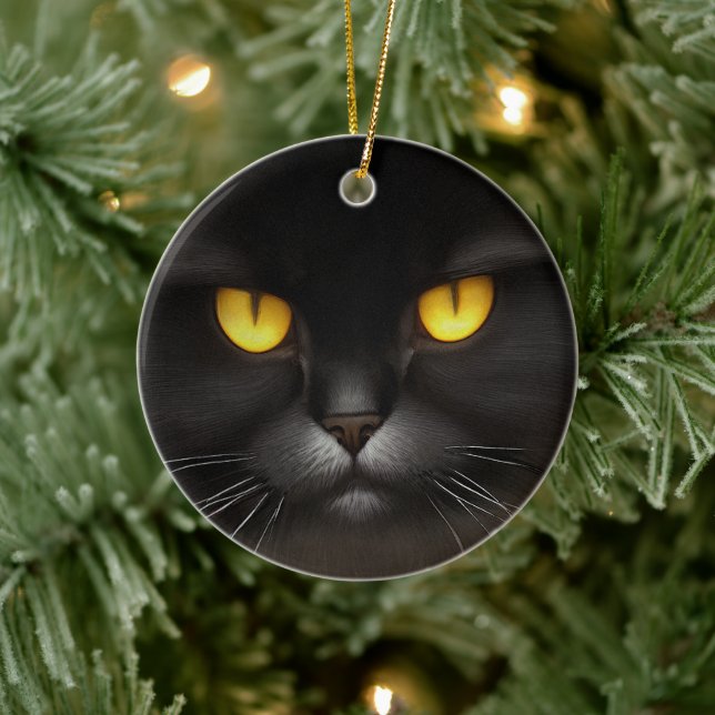 Funny Angry Fluffy Black Persian Kitty Cat Face Ceramic Ornament (Tree)