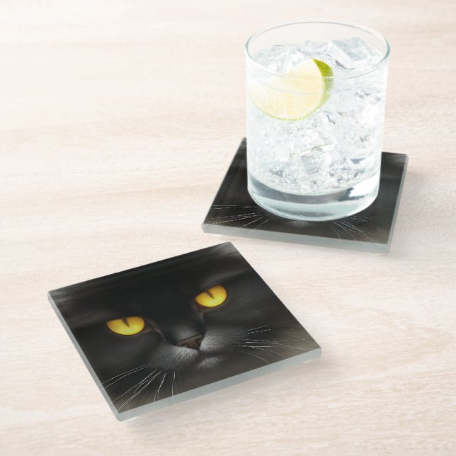 Funny Angry Fluffy Black Persian Kitty Cat Face Glass Coaster (Angled)