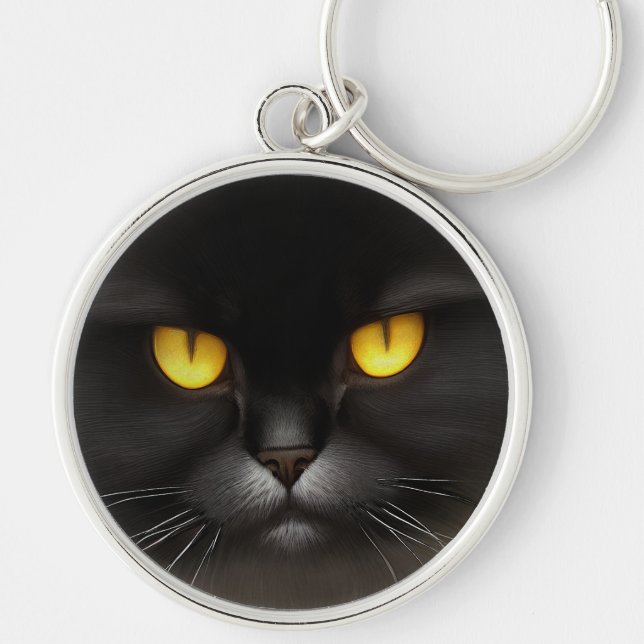 Funny Angry Fluffy Black Persian Kitty Cat Face Keychain (Front)