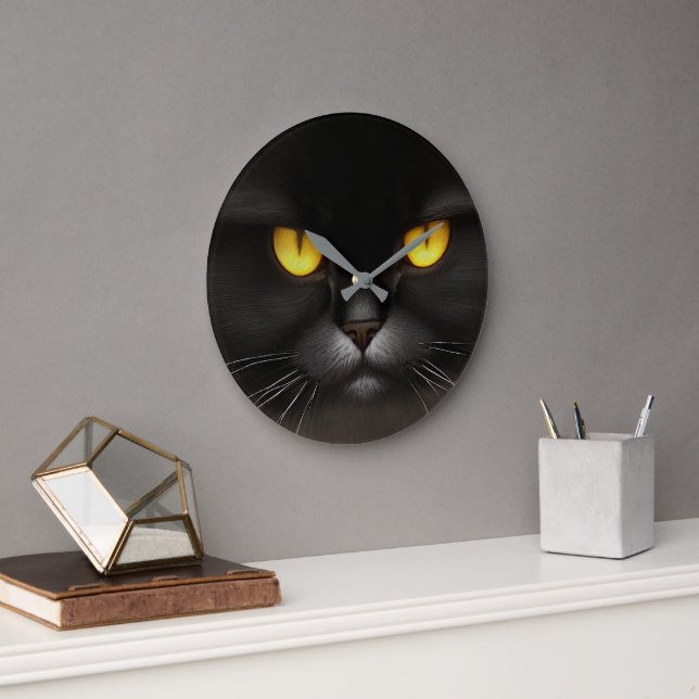 Funny Angry Fluffy Black Persian Kitty Cat Face Large Clock (Office)
