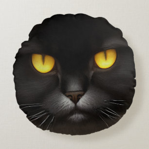 Funny Angry Fluffy Black Persian Kitty Cat Face Round Pillow