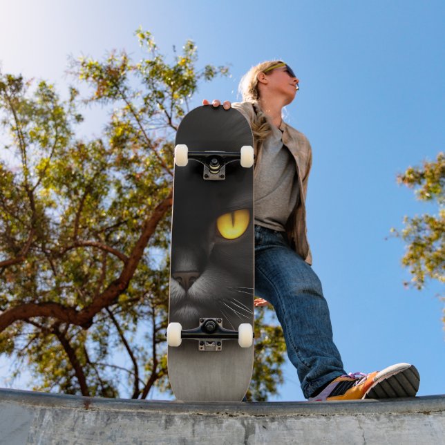 Funny Angry Fluffy Black Persian Kitty Cat Face Skateboard (Outdoor 1)