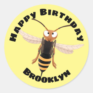 Funny angry hornet wasp cartoon illustration class classic round sticker