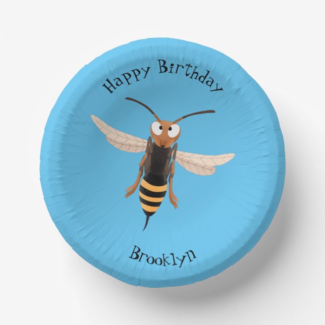 Funny angry hornet wasp cartoon illustration paper plate (Front)