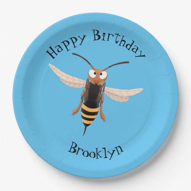 Funny angry hornet wasp cartoon illustration paper plate (Front)
