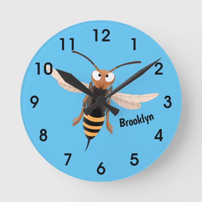 Funny angry hornet wasp cartoon illustration round clock (Front)