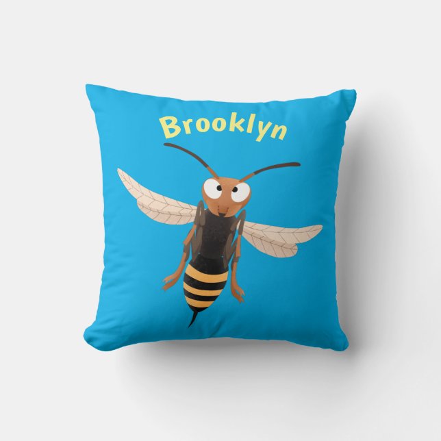 Funny angry hornet wasp cartoon illustration throw pillow (Front)