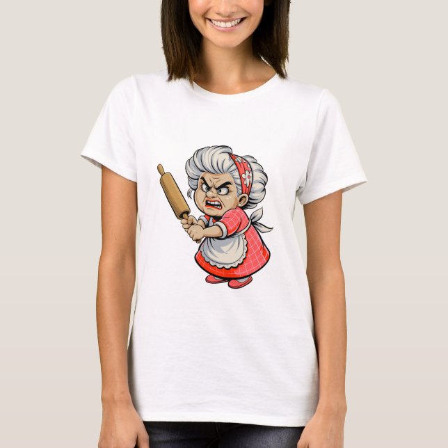Funny Angry Old Lady with Rolling Pin Cartoon Art T-Shirt (Front)