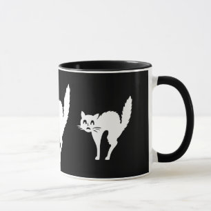 funny angry white cat with arched back halloween mug