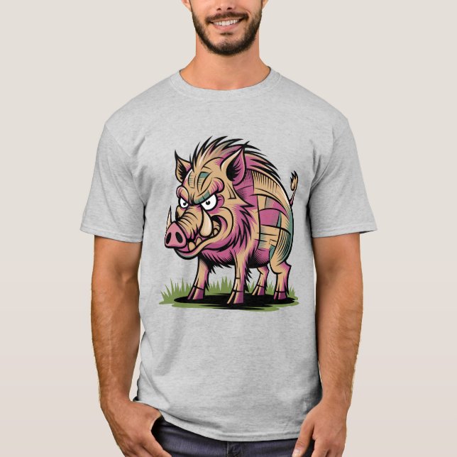 Funny Angry Wild Pig Cartoon T-Shirt (Front)