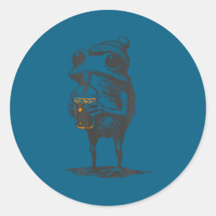 Funny animal meme frog drinking iced coffee men classic round sticker