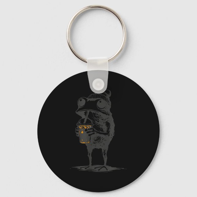 Funny animal meme frog drinking iced coffee men keychain (Front)